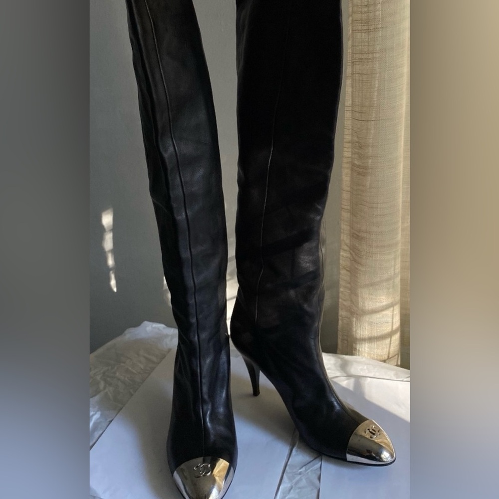 Chanel black silver tip boots